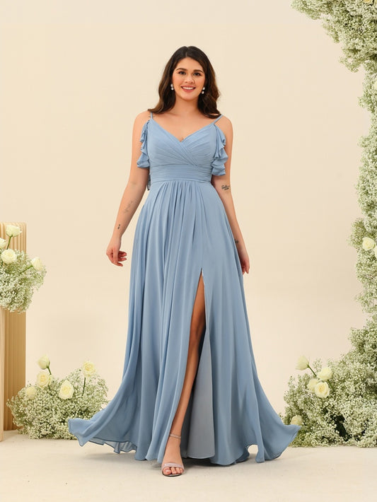 A-Line/Princess Spaghetti Straps Plus Size Ruched Long Bridesmaid Dresses with Split Side