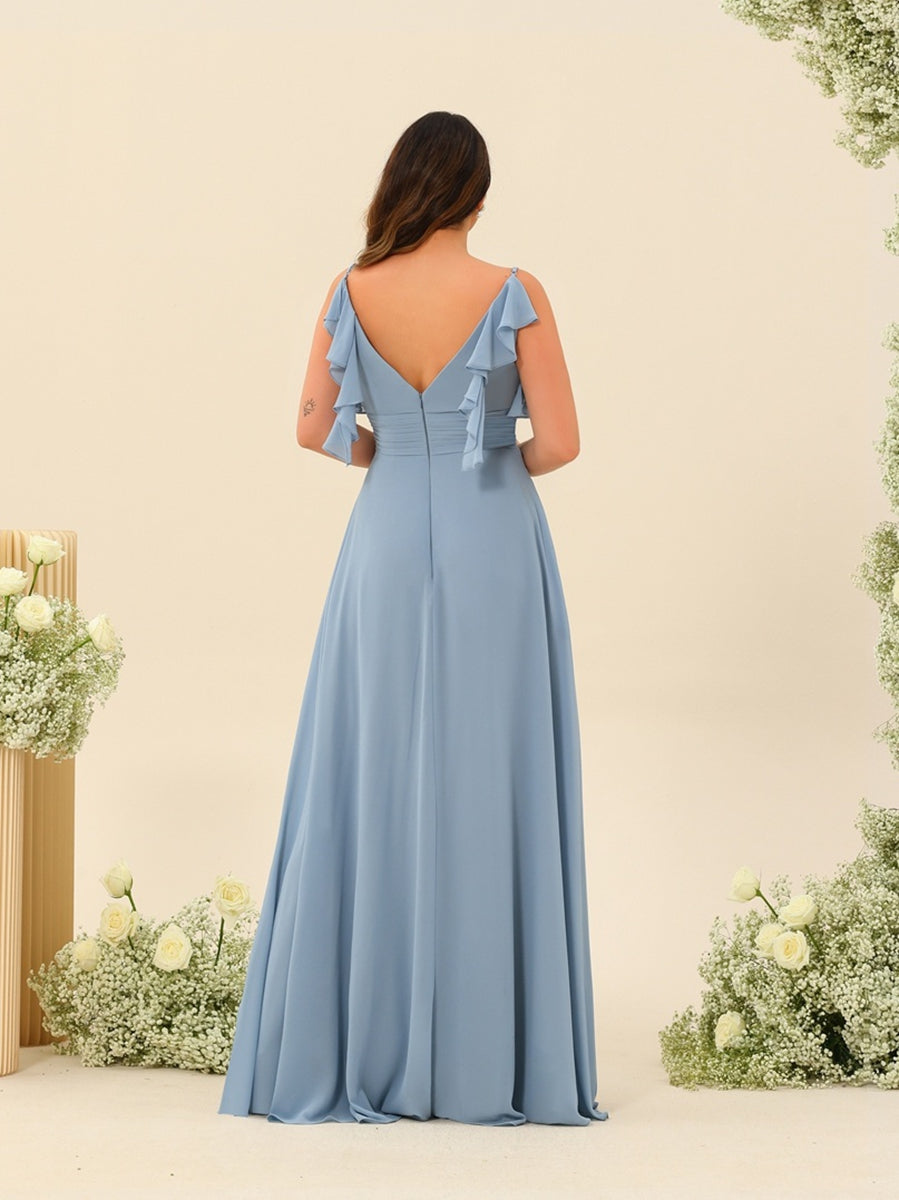 A-Line/Princess Spaghetti Straps Plus Size Ruched Long Bridesmaid Dresses with Split Side