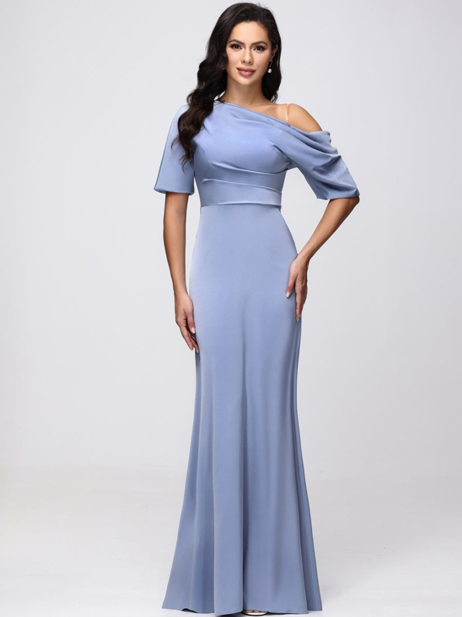 Sheath/Column One-Shoulder Short Sleeves Satin Ruched Long Bridesmaid Dresses