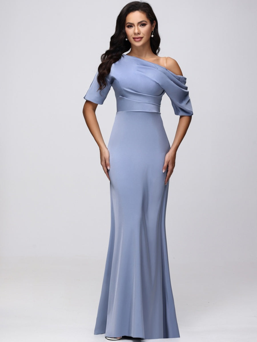 Sheath/Column One-Shoulder Short Sleeves Satin Ruched Long Bridesmaid Dresses