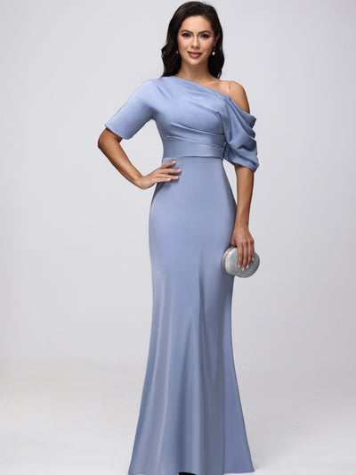 Sheath/Column One-Shoulder Short Sleeves Satin Ruched Long Bridesmaid Dresses