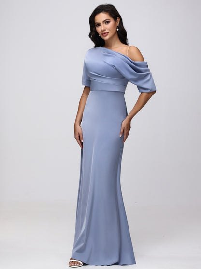 Sheath/Column One-Shoulder Short Sleeves Satin Ruched Long Bridesmaid Dresses