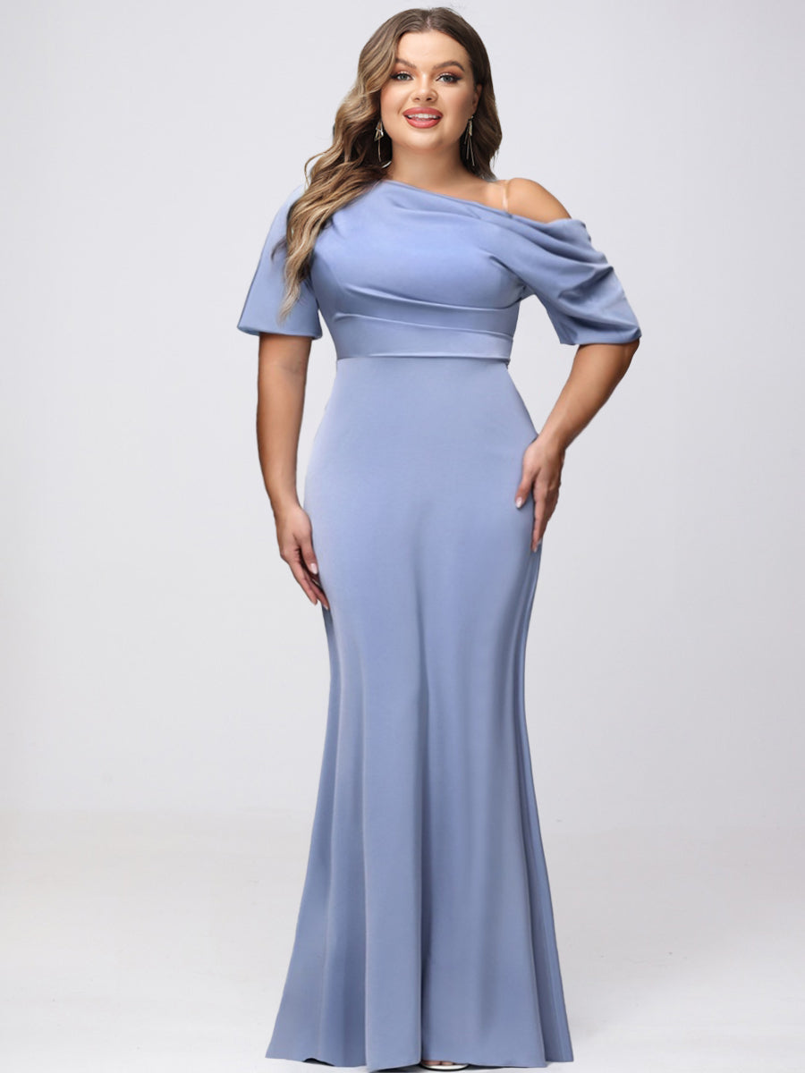 Sheath/Column One-Shoulder Short Sleeves Satin Ruched Long Plus Size Bridesmaid Dresses