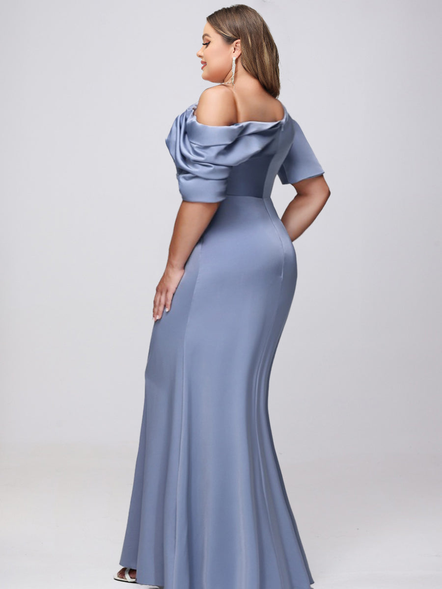 Sheath/Column One-Shoulder Short Sleeves Satin Ruched Long Plus Size Bridesmaid Dresses