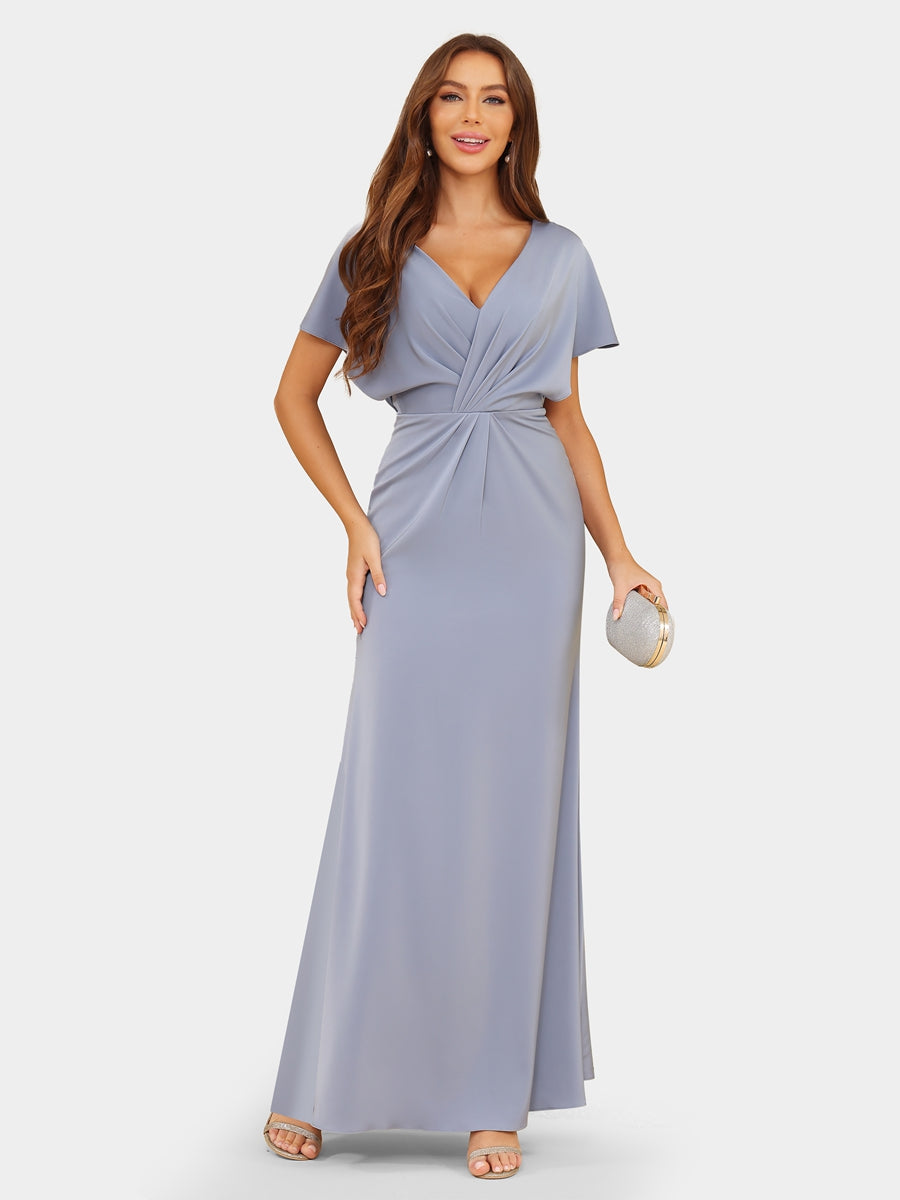 Sheath/Column V-Neck Short Sleeves Evening Dresses with Ruched