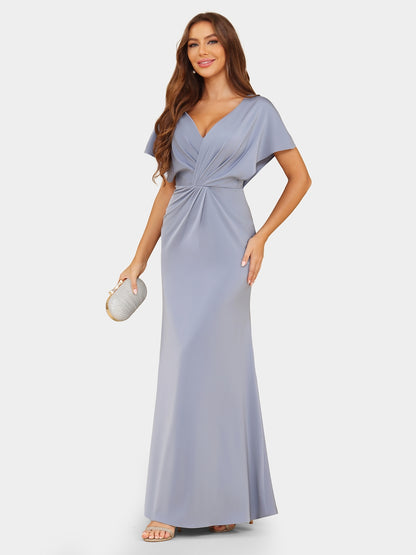 Sheath/Column V-Neck Short Sleeves Evening Dresses with Ruched