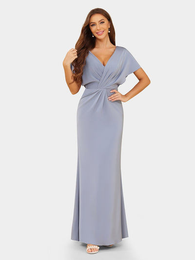 Sheath/Column V-Neck Short Sleeves Evening Dresses with Ruched