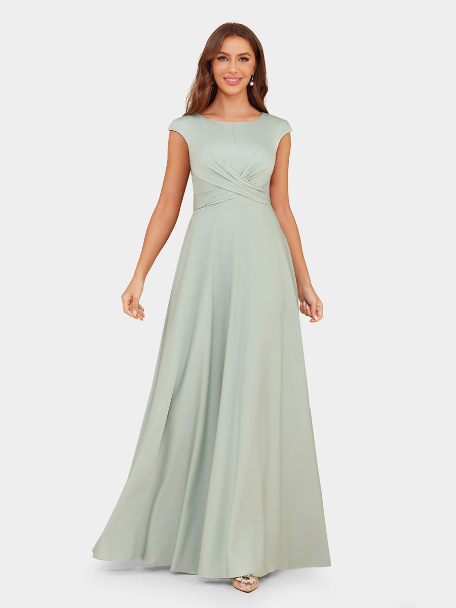 A-Line/Princess Scoop Short Sleeves Evening Dresses with Ruched