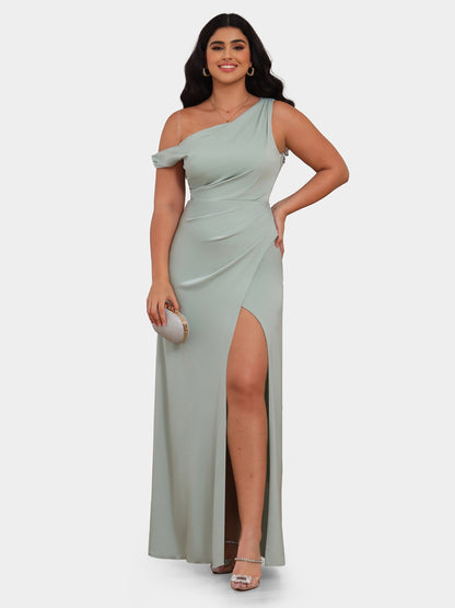 Sheath/Column One-Shoulder Short Sleeves Evening Dresses with Split Side