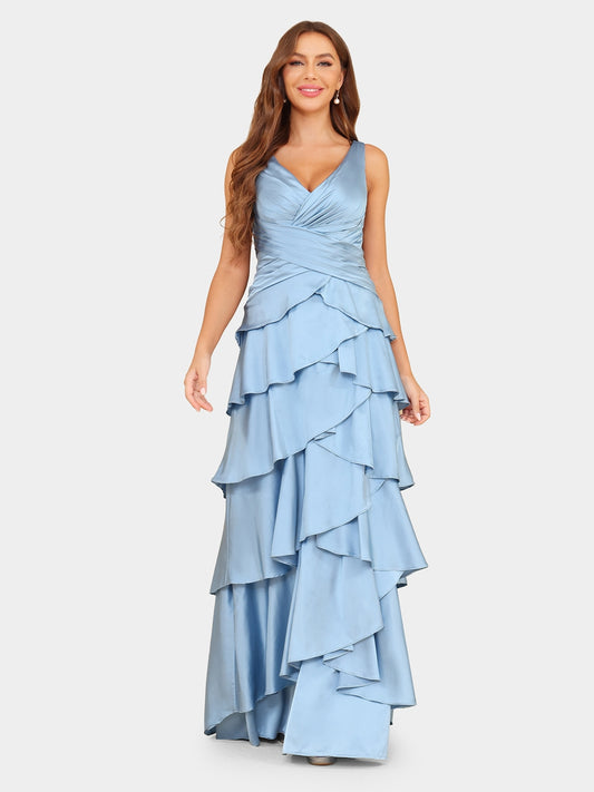 A-Line/Princess V-Neck Sleeveless Evening Dresses with Ruffles