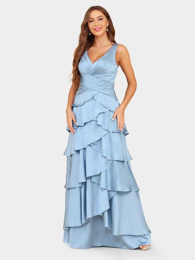 A-Line/Princess V-Neck Sleeveless Evening Dresses with Ruffles