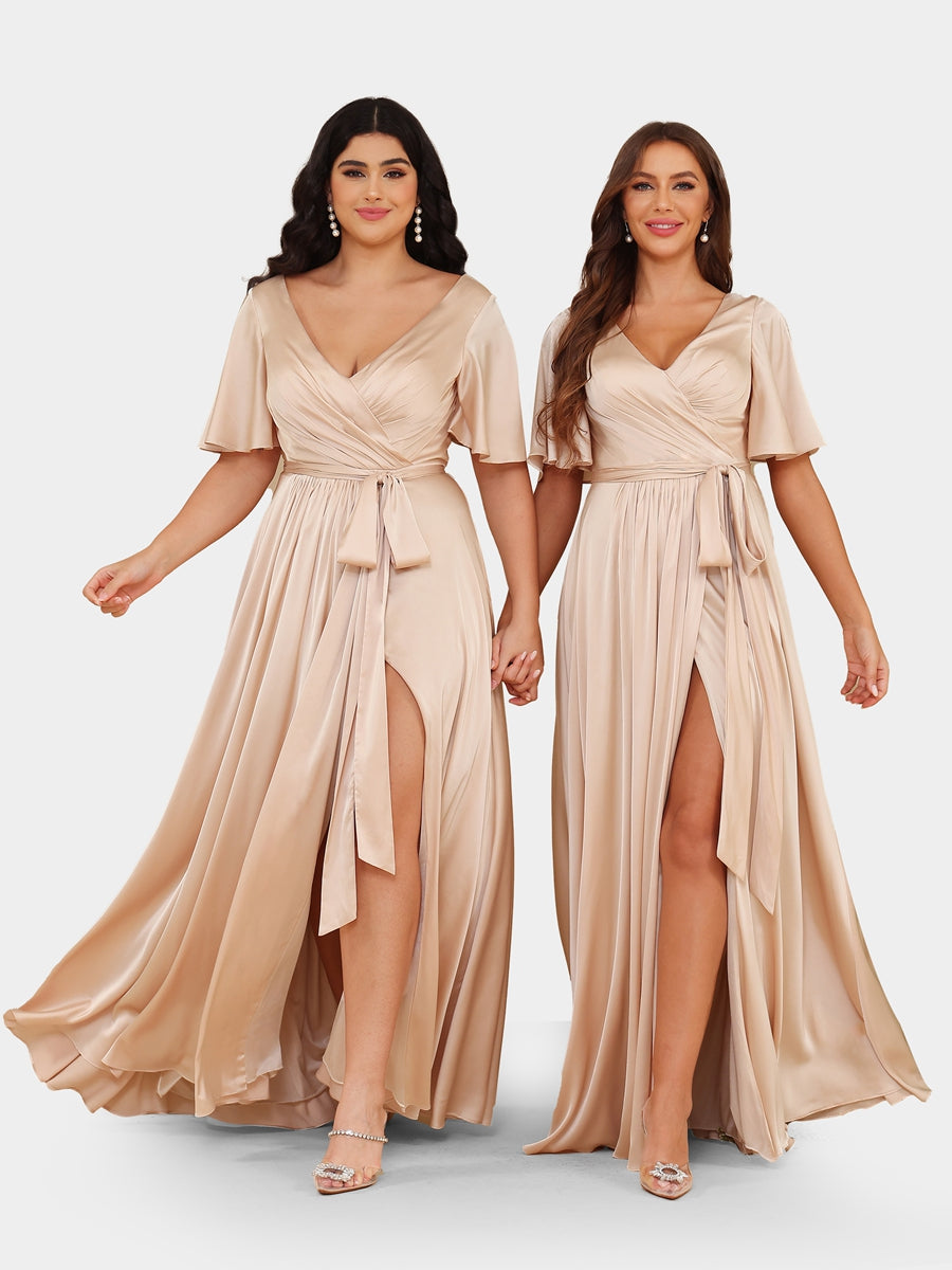 A-Line/Princess V-Neck Short Sleeves Evening Dresses with Belt