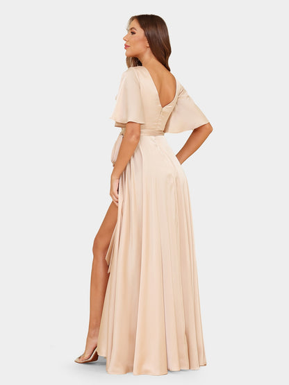 A-Line/Princess V-Neck Short Sleeves Evening Dresses with Belt