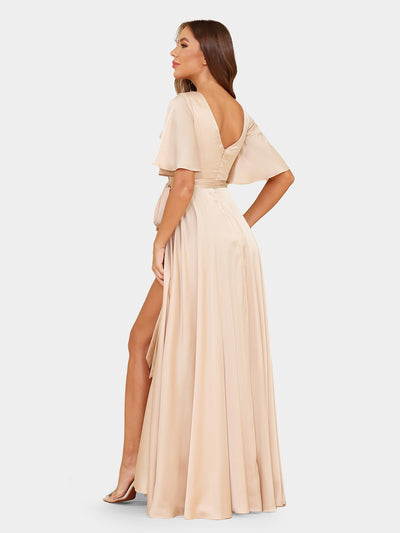 A-Line/Princess V-Neck Short Sleeves Evening Dresses with Belt