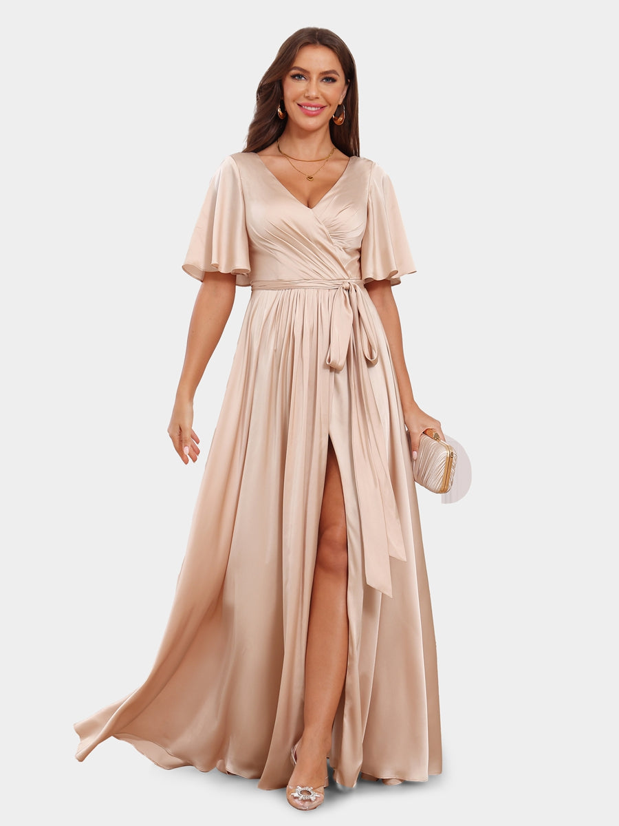 A-Line/Princess V-Neck Short Sleeves Evening Dresses with Belt