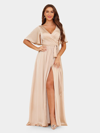 A-Line/Princess V-Neck Short Sleeves Evening Dresses with Belt