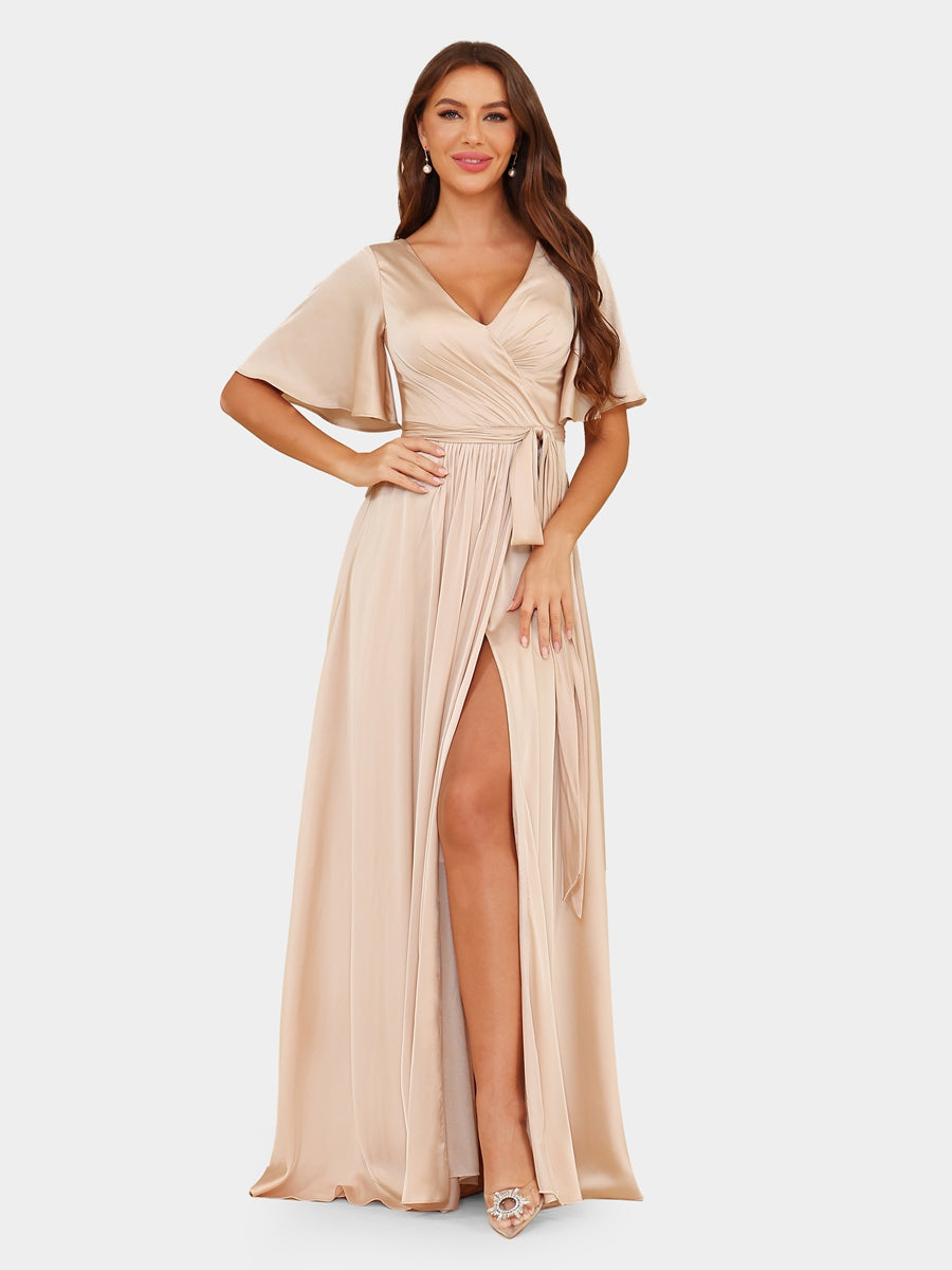 A-Line/Princess V-Neck Short Sleeves Evening Dresses with Belt