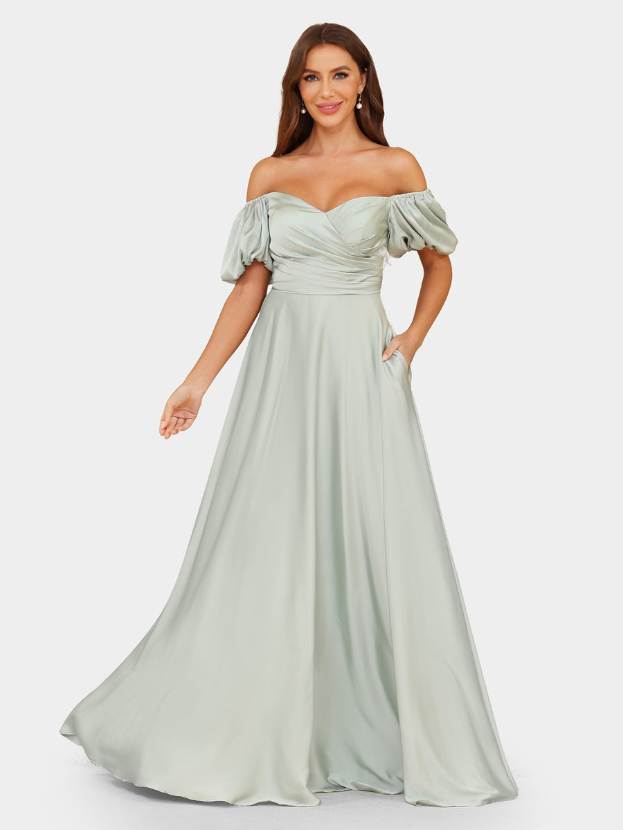 A-Line/Princess Off-the-Shoulder Puff Sleeves Evening Dresses with Ruched