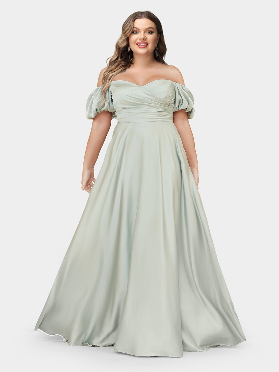 A-Line/Princess Off-the-Shoulder Puff Sleeves Plus Size Evening Dresses with Ruched