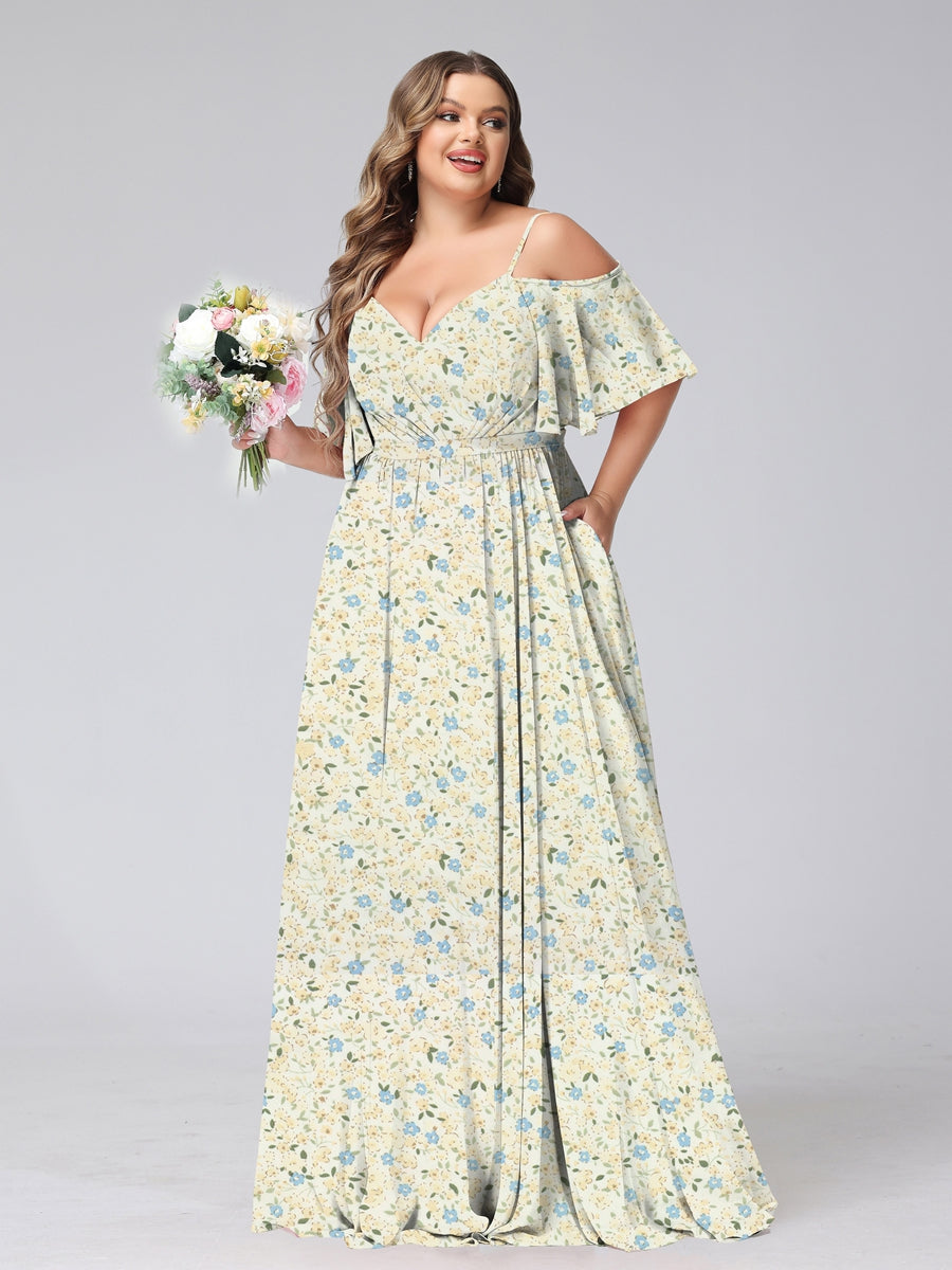 A-Line/Princess Cold Shoulder Short Sleeves Ruched Plus Size Floral Bridesmaid Dresses