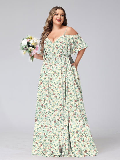 A-Line/Princess Cold Shoulder Short Sleeves Ruched Plus Size Floral Bridesmaid Dresses