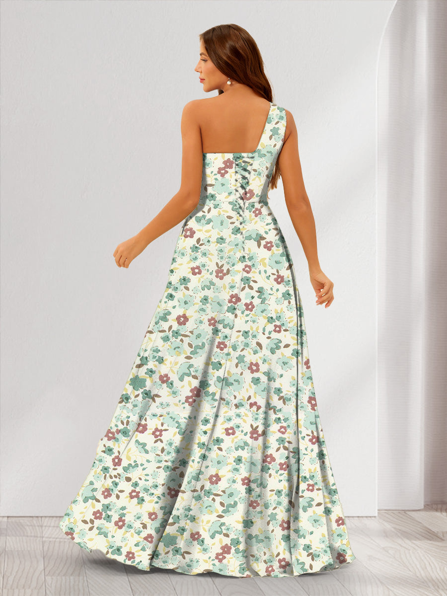 A-Line/Princess One-Shoulder Sleeveless Ruched Floral Bridesmaid Dresses