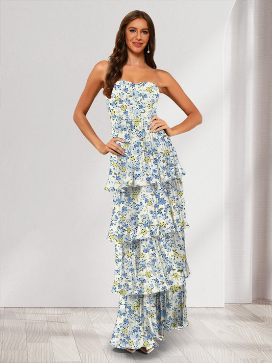 Sheath/Column Strapless Sleeveless Tiered Floral Bridesmaid Dresses