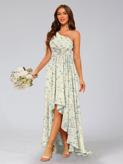 A-Line/Princess One-Shoulder Sleeveless Ruched Floral Bridesmaid Dresses