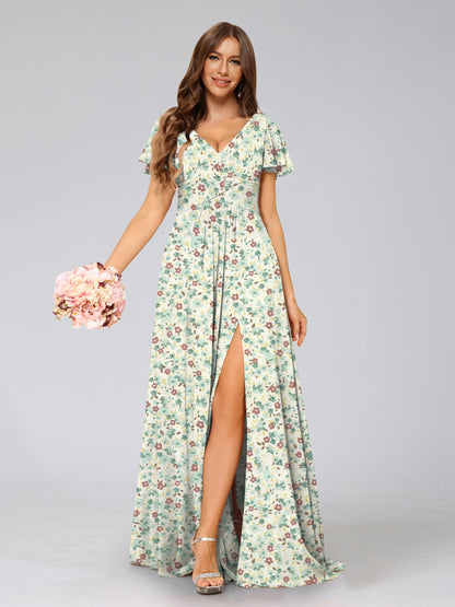 A-Line/Princess V-Neck Short Sleeves Split Side Floral Bridesmaid Dresses