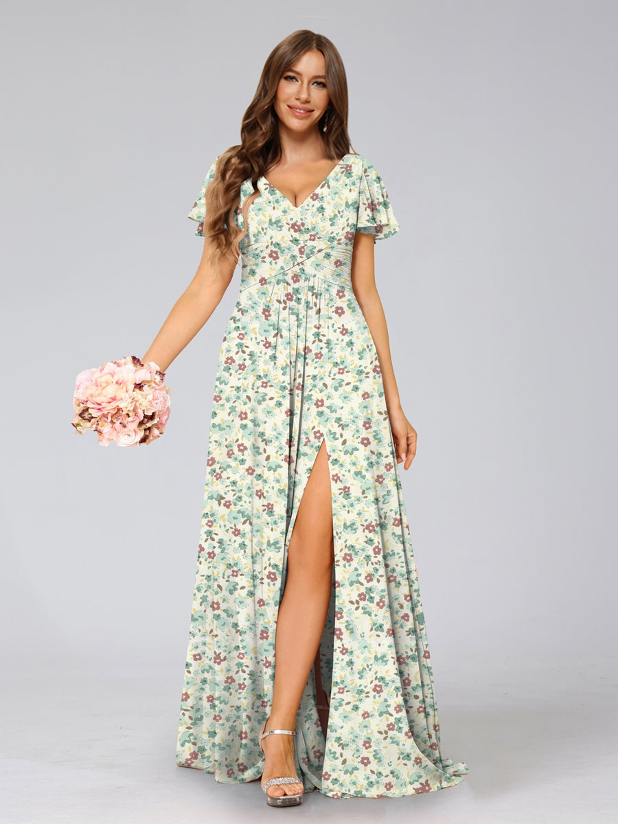 A-Line/Princess V-Neck Short Sleeves Split Side Floral Bridesmaid Dresses