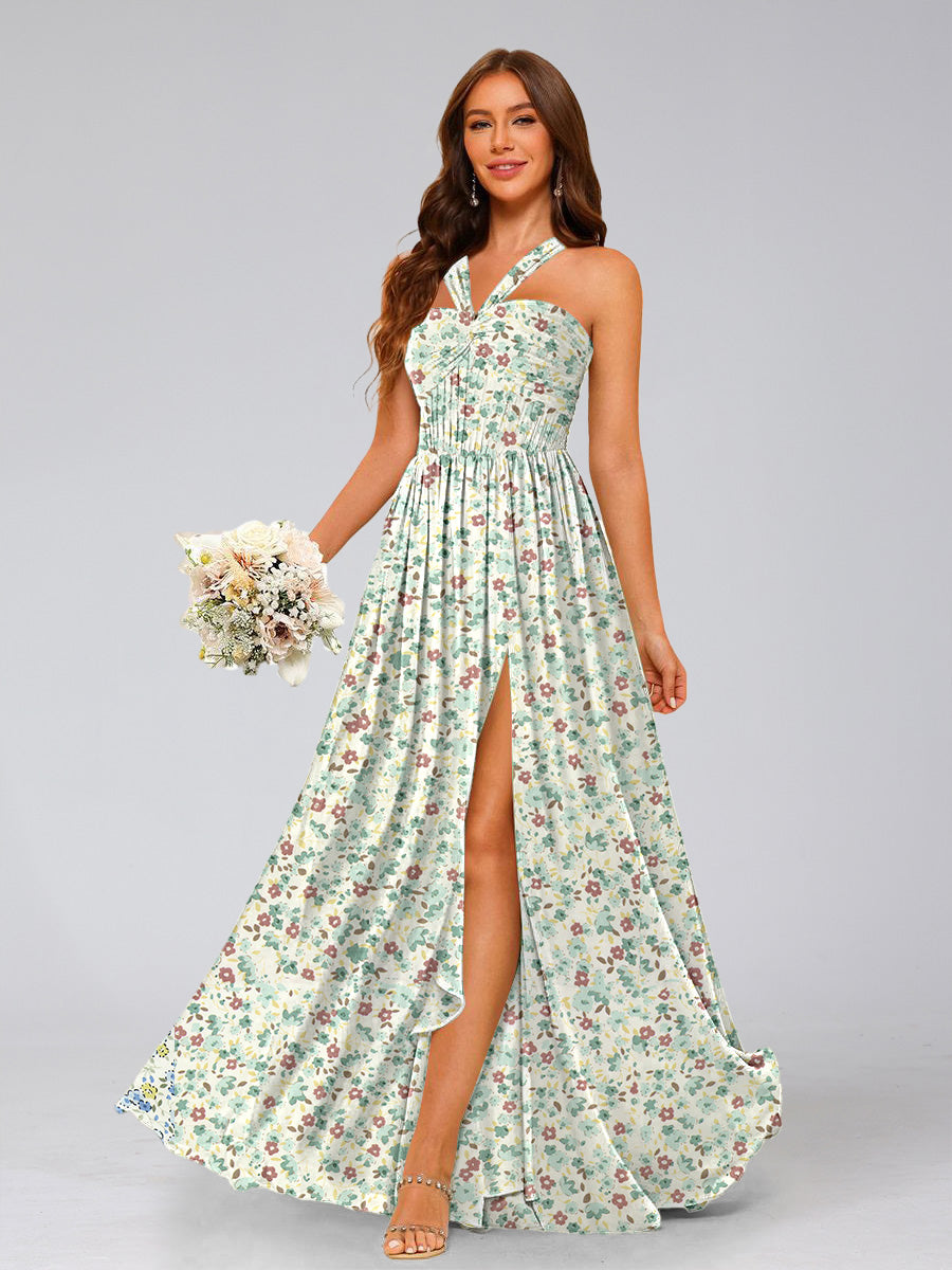 A-Line/Princess Halter Sleeveless Split Side Floral Bridesmaid Dresses