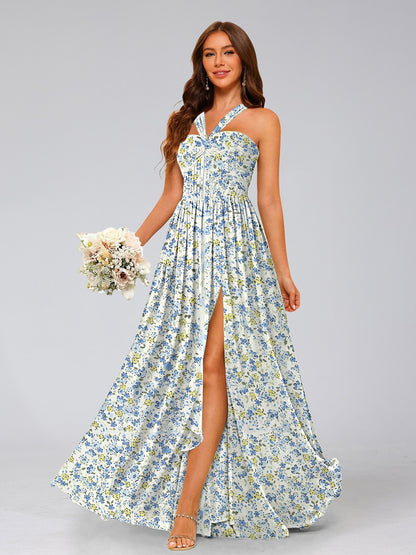 A-Line/Princess Halter Sleeveless Split Side Floral Bridesmaid Dresses