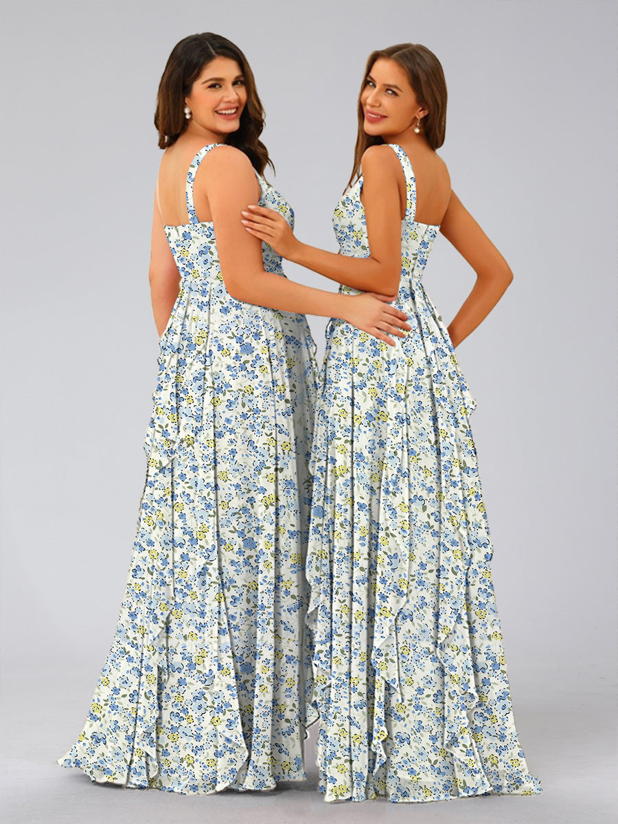 A-Line/Princess V-Neck Sleeveless Ruffles Floral Bridesmaid Dresses