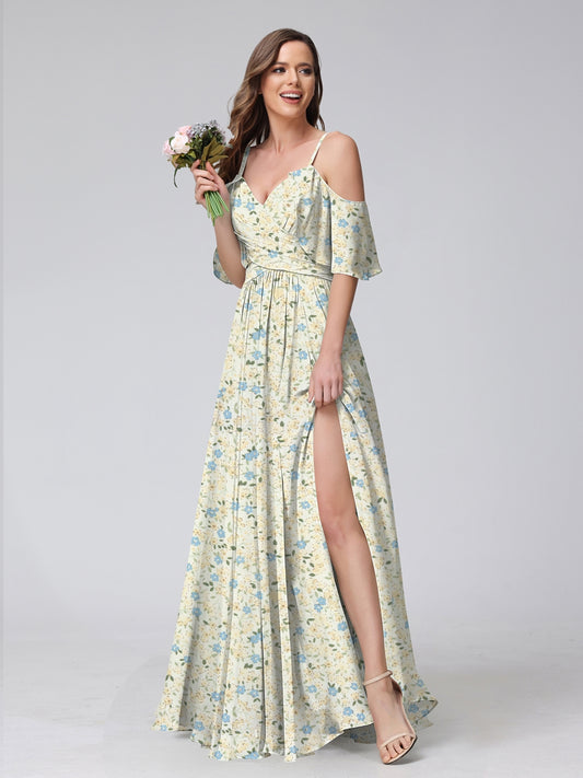 A-Line/Princess Cold Shoulder Short Sleeves Ruched Floral Bridesmaid Dresses