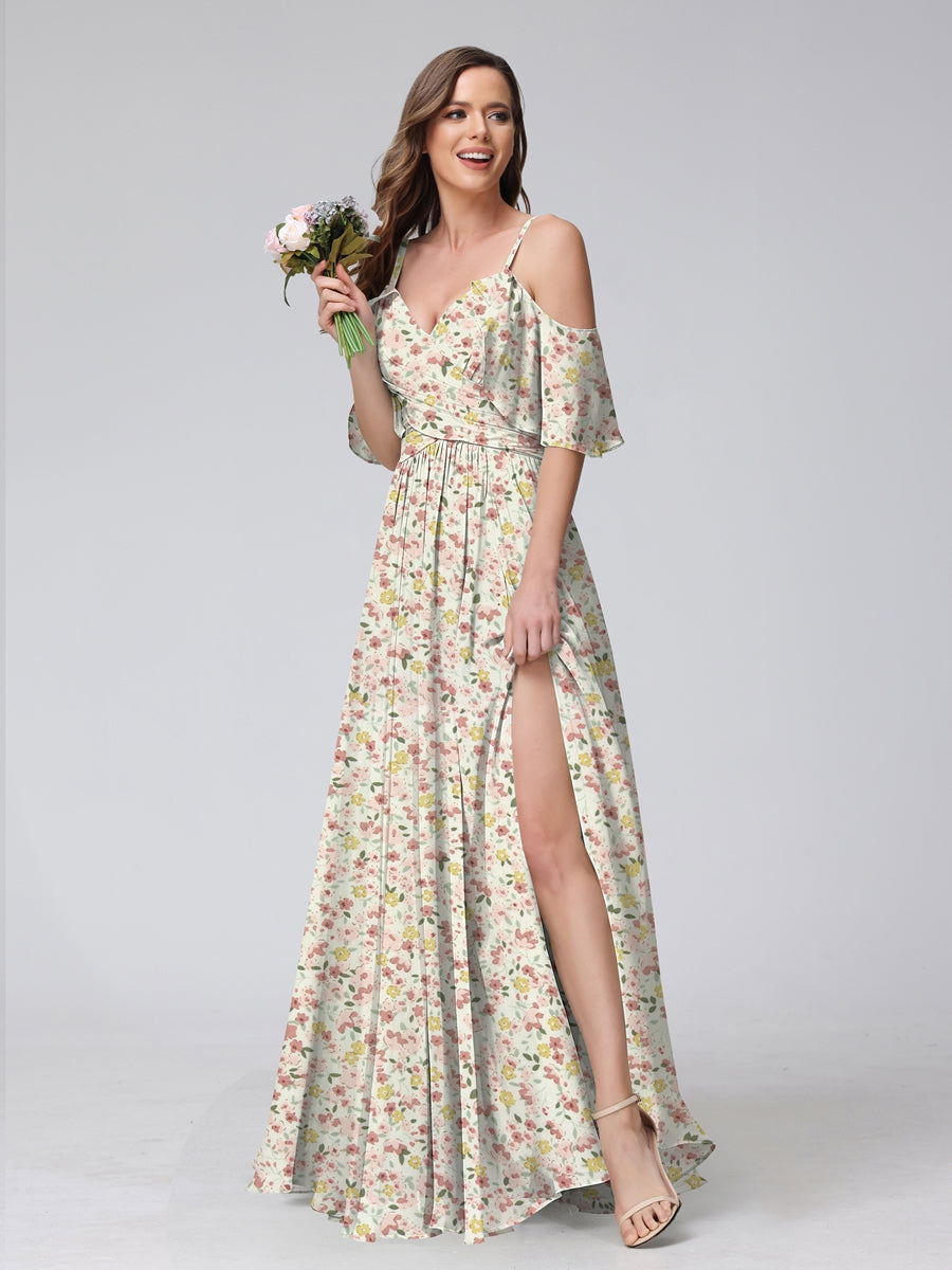 A-Line/Princess Cold Shoulder Short Sleeves Ruched Floral Bridesmaid Dresses