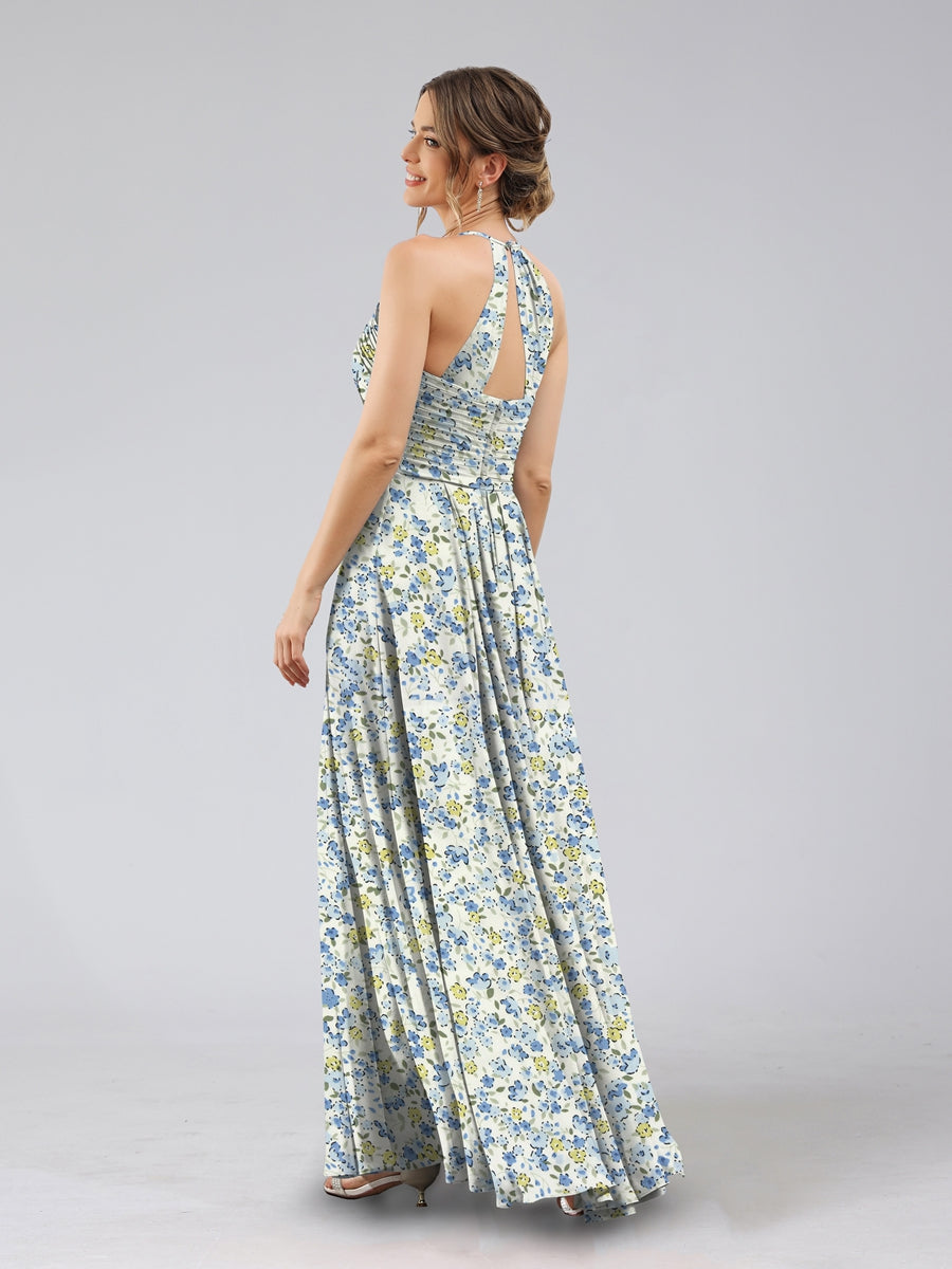 A-Line/Princess Halter Sleeveless Ruched Floral Bridesmaid Dresses