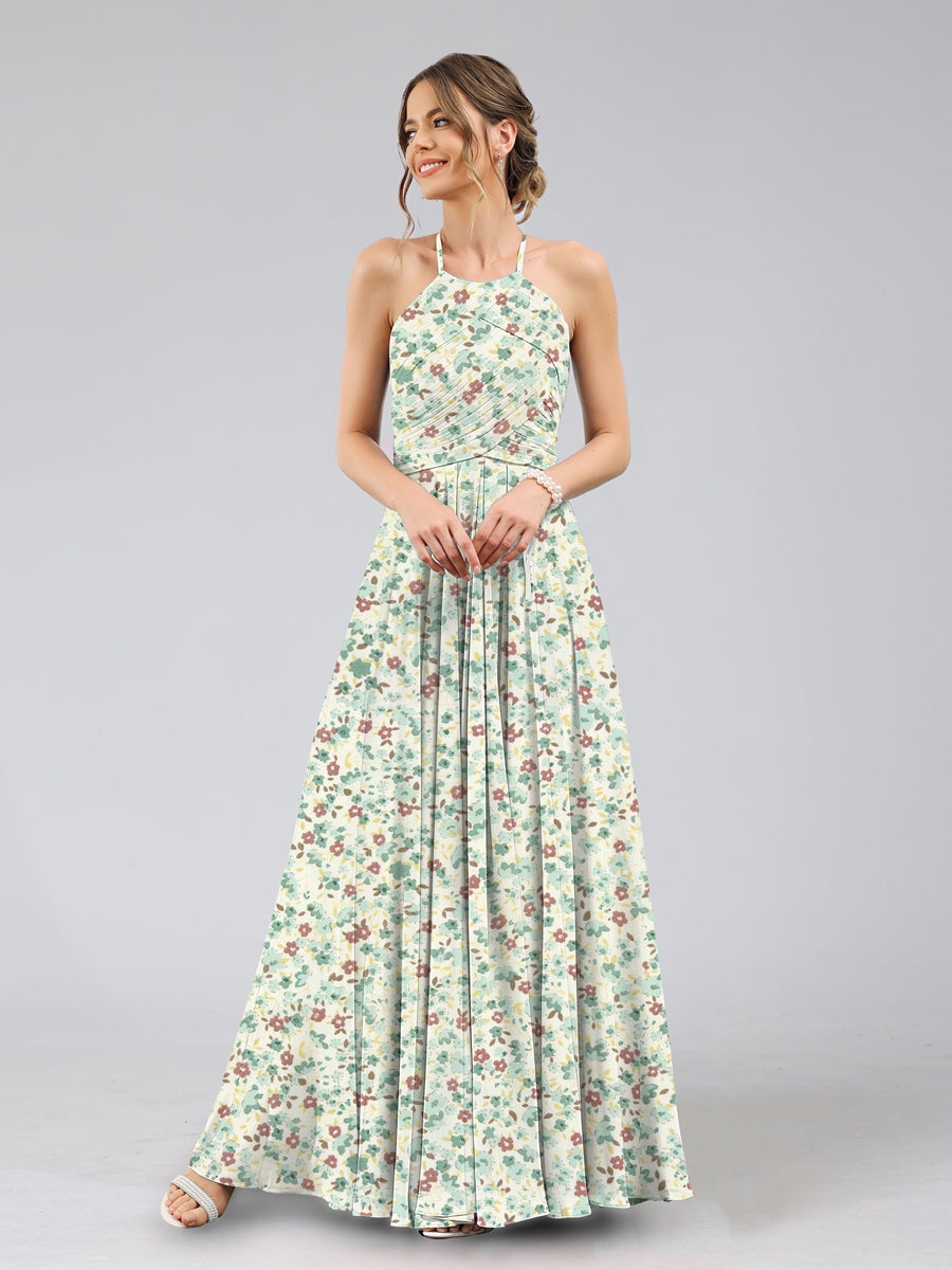 A-Line/Princess Halter Sleeveless Ruched Floral Bridesmaid Dresses