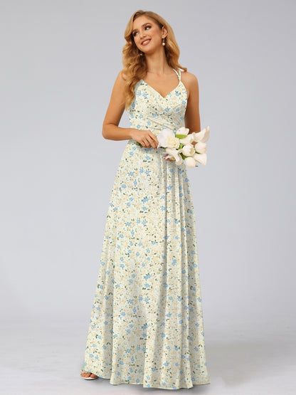 A-Line/Princess Halter Sleeveless Ruched Floral Bridesmaid Dresses