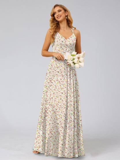 A-Line/Princess Halter Sleeveless Ruched Floral Bridesmaid Dresses