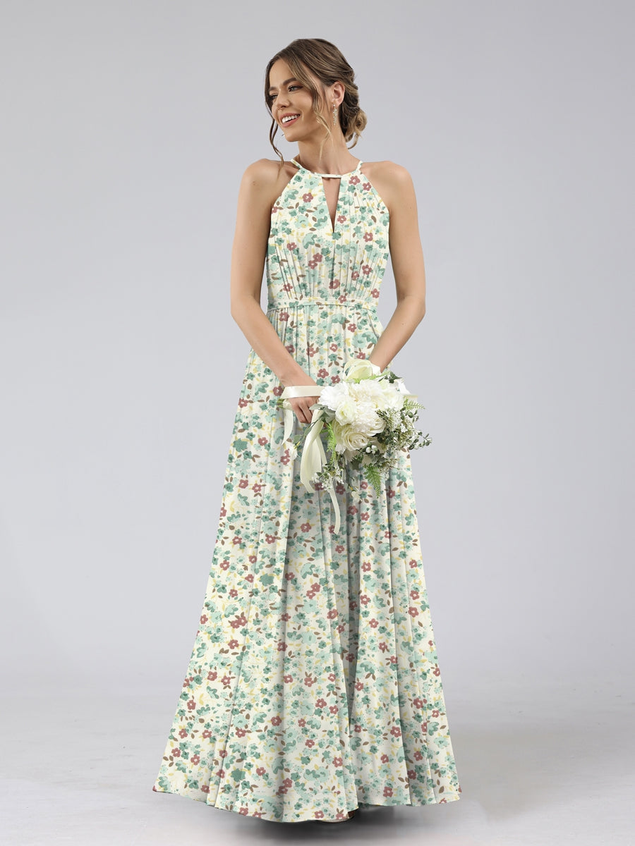 A-Line/Princess Halter Sleeveless Ruched Floral Bridesmaid Dresses