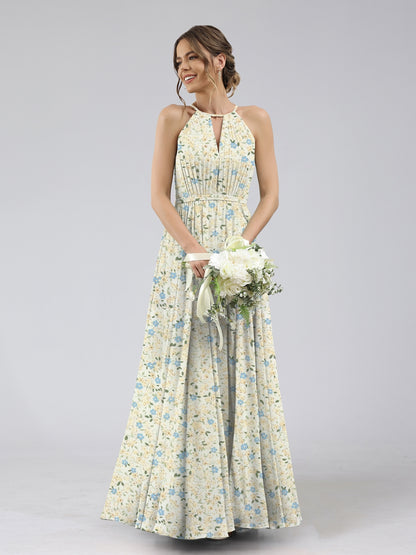 A-Line/Princess Halter Sleeveless Ruched Floral Bridesmaid Dresses