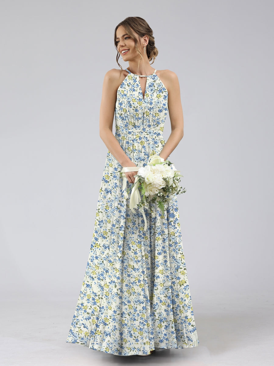 A-Line/Princess Halter Sleeveless Ruched Floral Bridesmaid Dresses