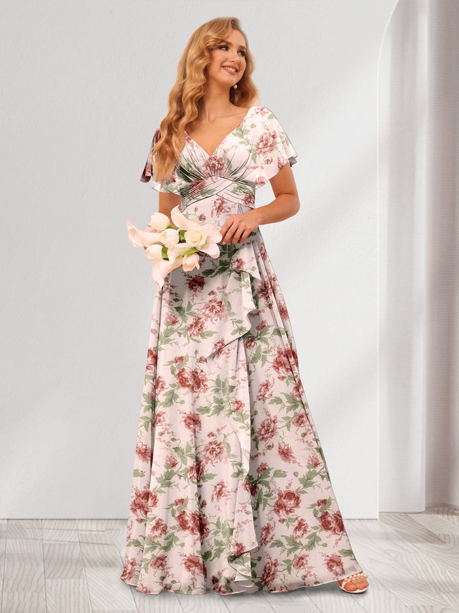 A-Line/Princess V-Neck Long Floral Bridesmaid Dresses with Ruffles