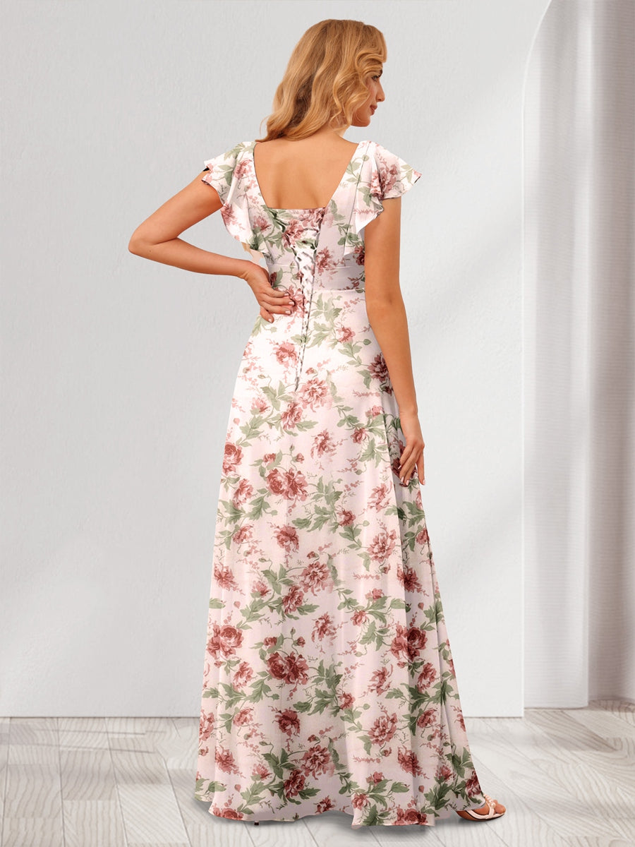 A-Line/Princess V-Neck Long Floral Bridesmaid Dresses with Ruffles