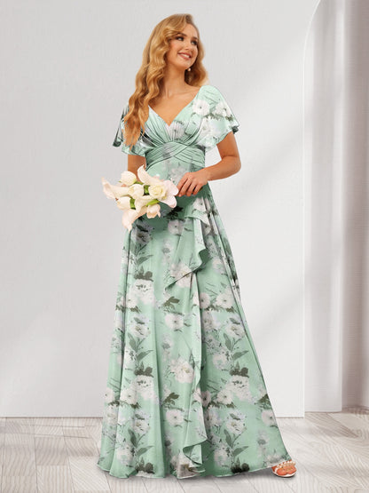 A-Line/Princess V-Neck Long Floral Bridesmaid Dresses with Ruffles