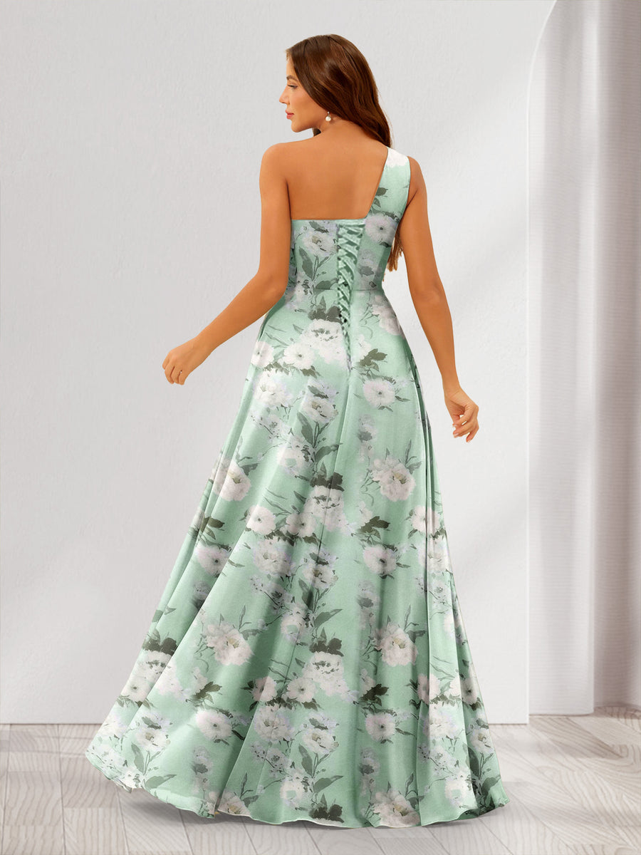 A-Line/Princess One-Shoulder Long Floral Bridesmaid Dresses with Split Side