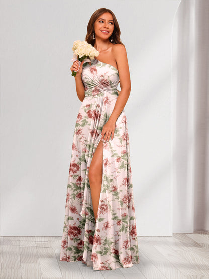 A-Line/Princess One-Shoulder Long Floral Bridesmaid Dresses with Split Side