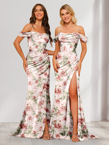 Sheath/Column Off-the-Shoulder Spaghetti Straps Floor-Length Floral Bridesmaid Dresses with Split Side