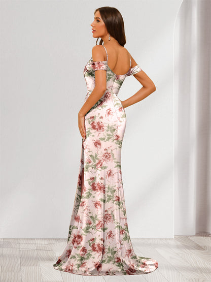 Sheath/Column Off-the-Shoulder Spaghetti Straps Floor-Length Floral Bridesmaid Dresses with Split Side