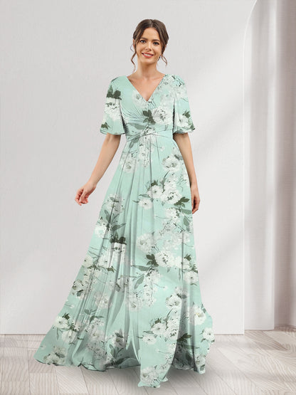 A-Line V-Neck Half Sleeves Split Side Chiffon Floral Bridesmaid Dresses With Pockets